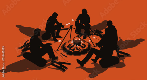 Group of people sitting around campfire during evening gathering  