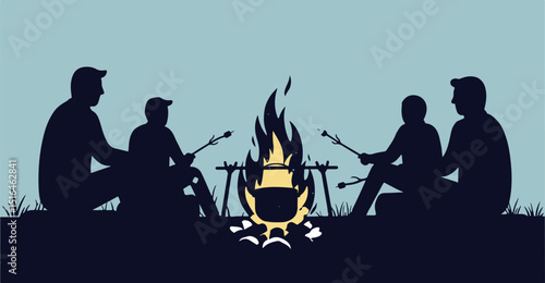 Group of friends sitting around a campfire roasting marshmallows  