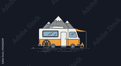 Vintage camper van parked with mountains in the background  
