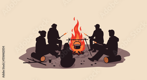 Group of friends sitting around a campfire roasting marshmallows  
