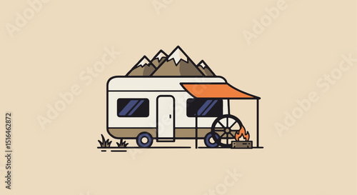 Vintage camper trailer surrounded by mountains in outdoor setting  