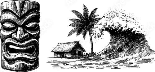 Polynesian tiki mask and island scene engraving illustrations for cultural design