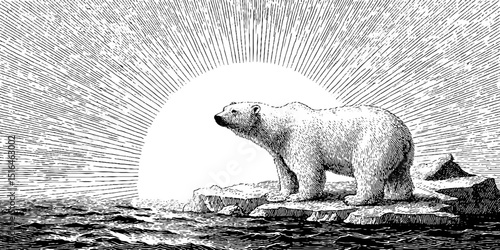 Engraved polar bear on ice floe with radiant background for art and design
