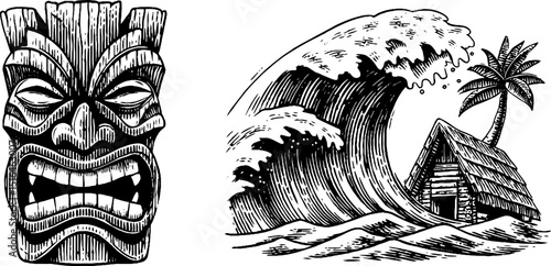 Traditional polynesian tiki mask and surf scene engraving for cultural design