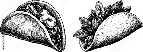 Engraved illustration set featuring quesadillas with sour cream topping and fresh herbs