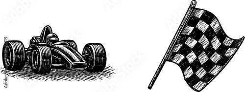 Vintage motorsports illustration with race car and checkered flag