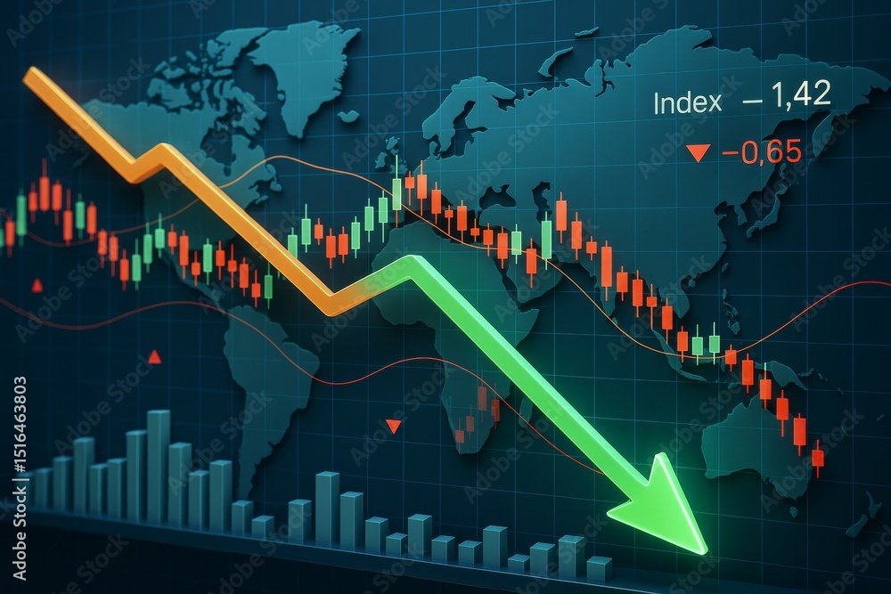 Global financial market crash concept with declining chart, green arrow, and candlestick indicators on dark world map background. Ai generative. Global financial market crash concept with declining chart, green arrow, and candlestick indicators on dark world map background. Ai generative.
