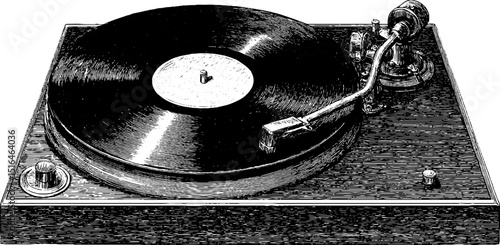 Vintage record player and vinyl engraved illustration for retro design