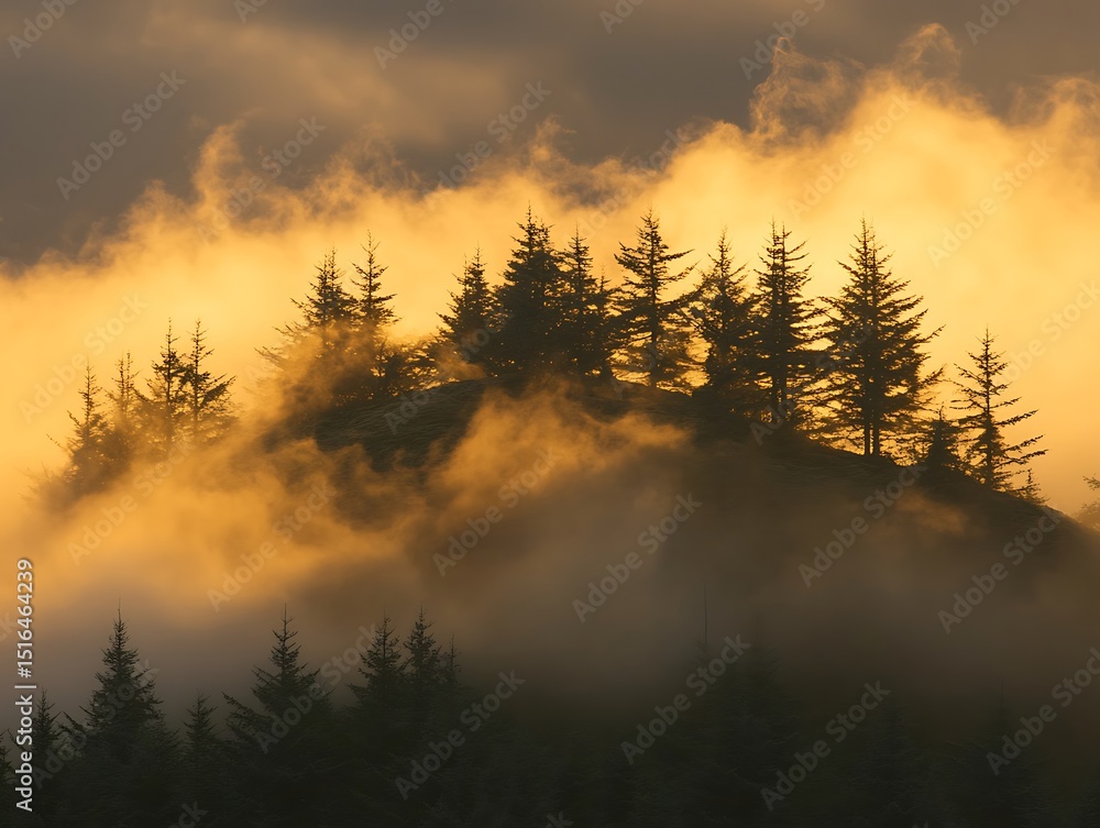 Obraz premium Golden sunlight illuminates the misty forest with dense evergreen trees