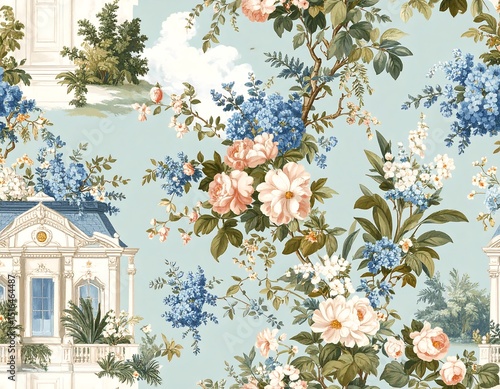 Pastel floral and architectural pattern