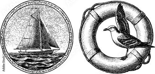 Nautical theme with engraved sailboat and seagull - ideal for maritime designs