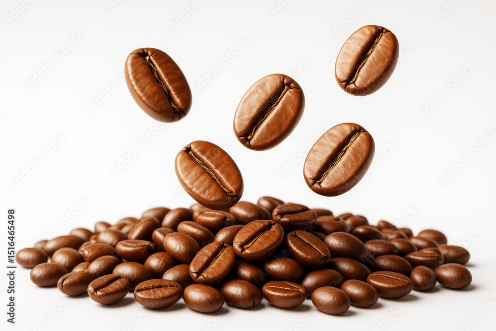 Naklejka premium Close-up of roasted coffee beans floating above a pile on white background, abstract concept of drink aroma and energy in light composition.