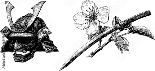 Engraved set of samurai helmet and katana with cherry blossom for historical art design