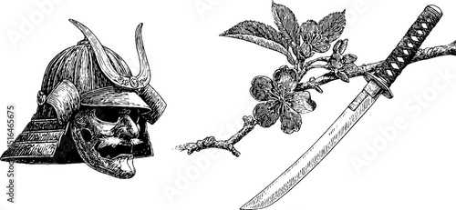 Traditional samurai helmet and katana with cherry blossom branch engraving for cultural designs