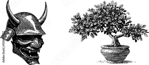 Engraved samurai mask and bonsai tree illustration set for cultural design projects