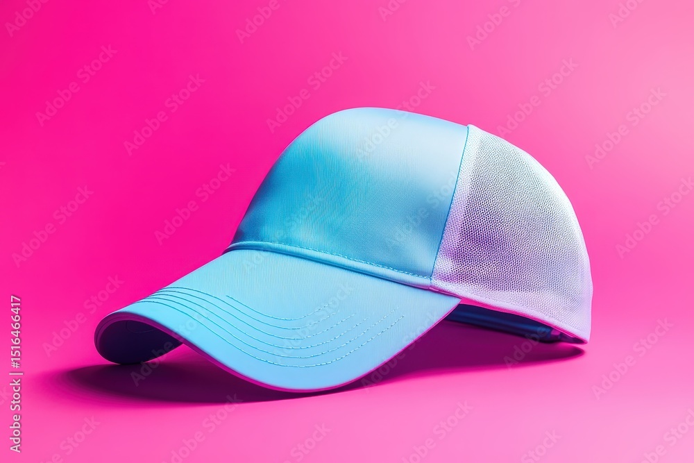 Fototapeta premium A light-blue baseball cap angled on a pink background.