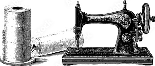 Sewing machine with thread illustration vintage engraved. Spool retro craft design antique art in black white sketch.