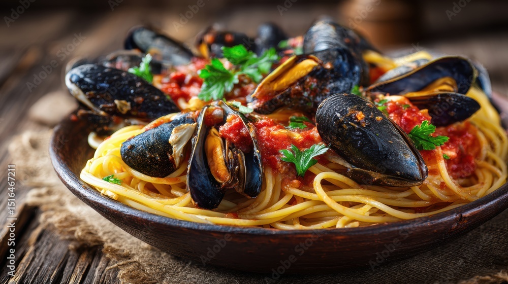 Delicious seafood spaghetti with mussels cherry tomatoes and fresh herbs served on a rustic wooden table for a flavorful Italian meal Delicious seafood spaghetti with mussels cherry tomatoes and fresh herbs served on a rustic wooden table for a flavorful Italian meal