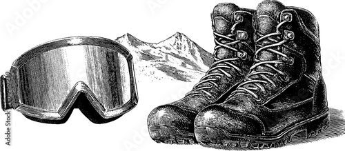 Vintage engraved illustration of ski goggles and boots with mountain background