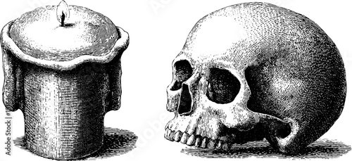 Vintage engraved illustration of skull and candle for halloween decor and design