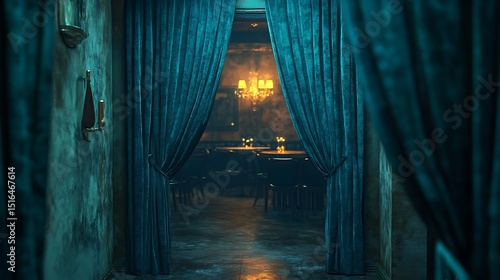 Mysterious elegant dining room seen through blue velvet curtains in dim lighting