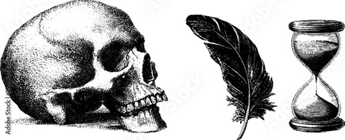 Engraved illustration of skull, hourglass, and feather for memento mori concept