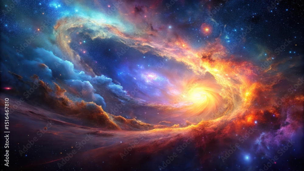 Fototapeta premium A Celestial Tapestry of Vibrant Nebulae and Cosmic Dust Swirls, Embracing a Radiant Stellar Core in a Symphony of Color and Light