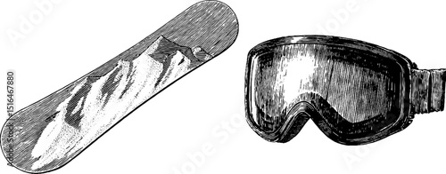 Vintage engraved set of snowboard and ski goggles for winter sports design