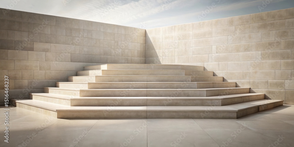 Fototapeta premium Elevated Stone Steps Against a Wall of Beige Tiles Under a Bright Sky