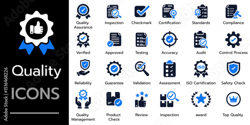 Quality Icon Set.quality assurance symbols, Certification, Verified, inspection, standards, compliance and more. Solid vector icons collection, for manufacturing, industrial, and business