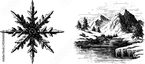 Engraved winter illustration with snowflake and icicle design for seasonal themes