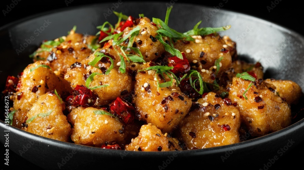 Delicious glazed chicken bites cooked with sesame seeds and red chili flakes garnished with green onions served in a black bowl for flavorful Asian cuisine experience Delicious glazed chicken bites cooked with sesame seeds and red chili flakes garnished with green onions served in a black bowl for flavorful Asian cuisine experience