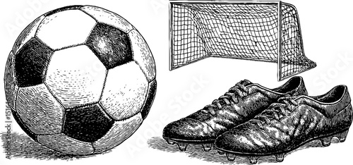 Engraved vintage soccer set: ball, goal, and boots for sports design and decor