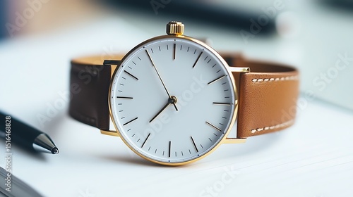 Wallpaper Mural Elegant wristwatch with a tan leather strap resting on a notepad surface Torontodigital.ca