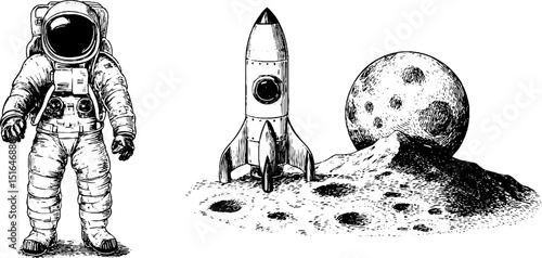 Vintage exploration: astronaut, space rocket, and lunar surface engraving for design