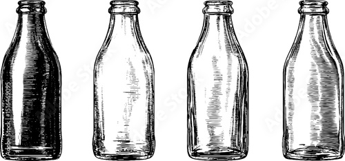 Vintage engraved sparkling water bottle set for beverage design and packaging concepts