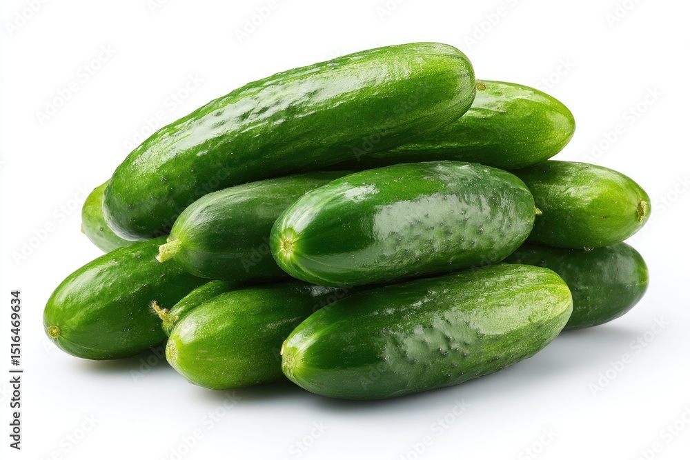 Fresh Cucumbers. A pile of bright green cucumbers, glossy and vibrant, stacked neatly on a white background Fresh Cucumbers. A pile of bright green cucumbers, glossy and vibrant, stacked neatly on a white background