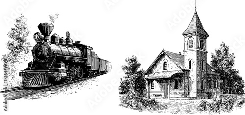 Vintage steam engine and country house illustration set for historical designs