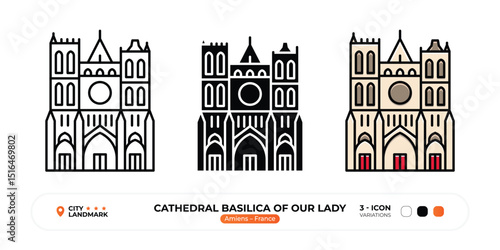 Cathedral Basilica of Our Lady Line Icon, Amiens, France Landmark, Silhouette, Color Vector, Editable Stroke.