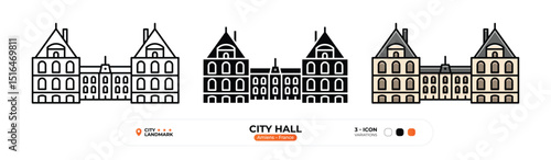 City Hall Line Icon, Amiens, France Landmark, Silhouette, Color Vector, Editable Stroke.