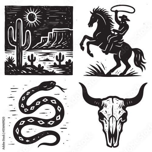 Linocut western boho set vector, Texas desert engraving print collection, vector canyon wildlife, cactus. 
Texture grunge Arizona rodeo graphics, bull, horse, snake, skull silhouette