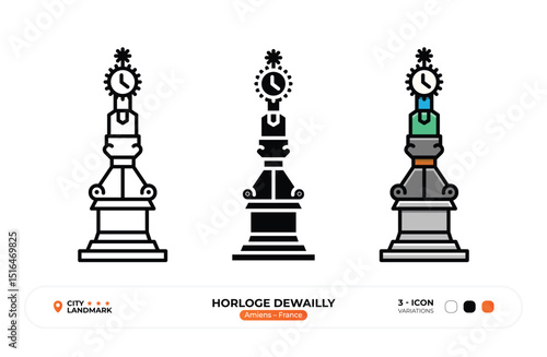 Horloge Dewailly Line Icon, Amiens, France Landmark, Silhouette, Color Vector, Editable Stroke.