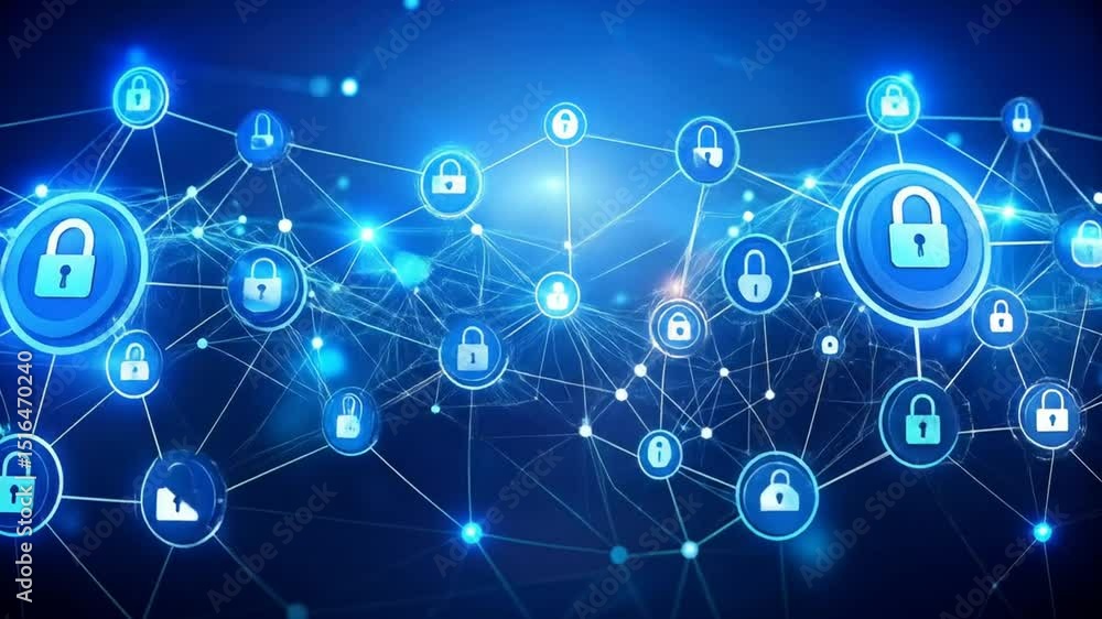 Abstract network of interconnected security lock icons in a dark blue background Abstract network of interconnected security lock icons in a dark blue background