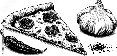 Engraved illustration set of stuffed crust pizza and ingredients for culinary art and design