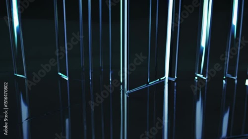 Futuristic dark room with vertical blue neon light bars reflecting off glossy black floor in symmetrical pattern


