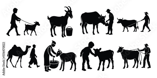 Qurbani Animal Care Silhouettes Eid al Adha Goat, Cow, Camel and Farmer Scenes

