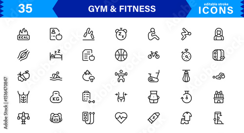 Modern Gym and Fitness Icons Showcasing Dumbbells, Muscles, Routines, Bodybuilding, and Active Lifestyle in an SEO-Optimized Vector Format