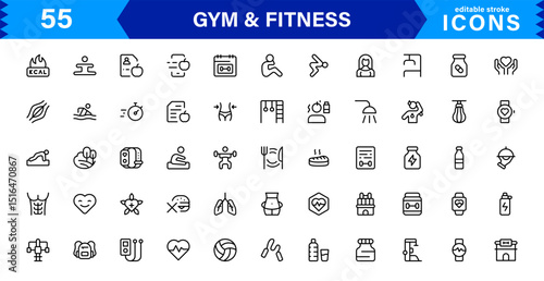 Modern Gym and Fitness Icons Showcasing Dumbbells, Muscles, Routines, Bodybuilding, and Active Lifestyle in an SEO-Optimized Vector Format