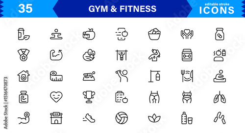 Modern Gym and Fitness Icons Showcasing Dumbbells, Muscles, Routines, Bodybuilding, and Active Lifestyle in an SEO-Optimized Vector Format