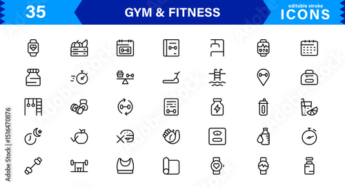 Modern Gym and Fitness Icons Showcasing Dumbbells, Muscles, Routines, Bodybuilding, and Active Lifestyle in an SEO-Optimized Vector Format